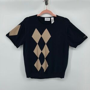 Liz Claiborne Liz Golf Navy&Tan Triangle Sweater S/S Blouse Size Large